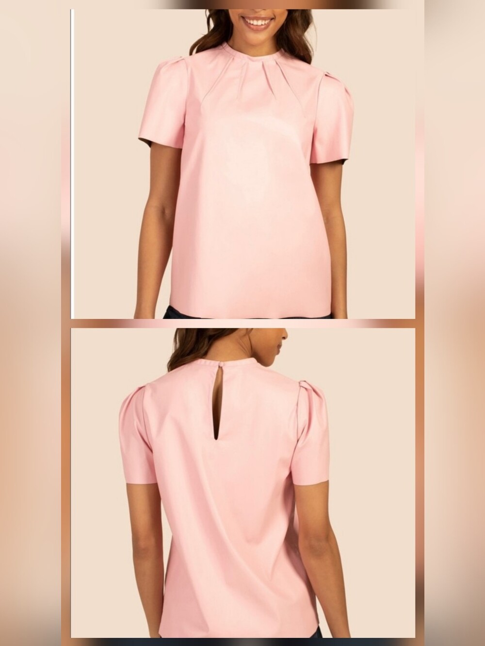 Trina Turk Soledad Top Pink SZ XL Short Sleeve High Neckline With Tucks Straight